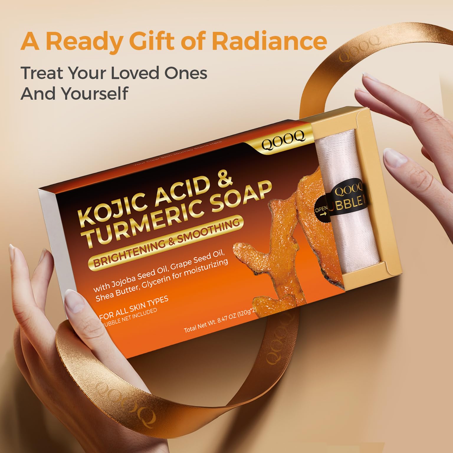 QOOQ Turmeric Kojic Acid Soap – Brightening Face & Body Wash with Vitamin C & E (120g x 2)