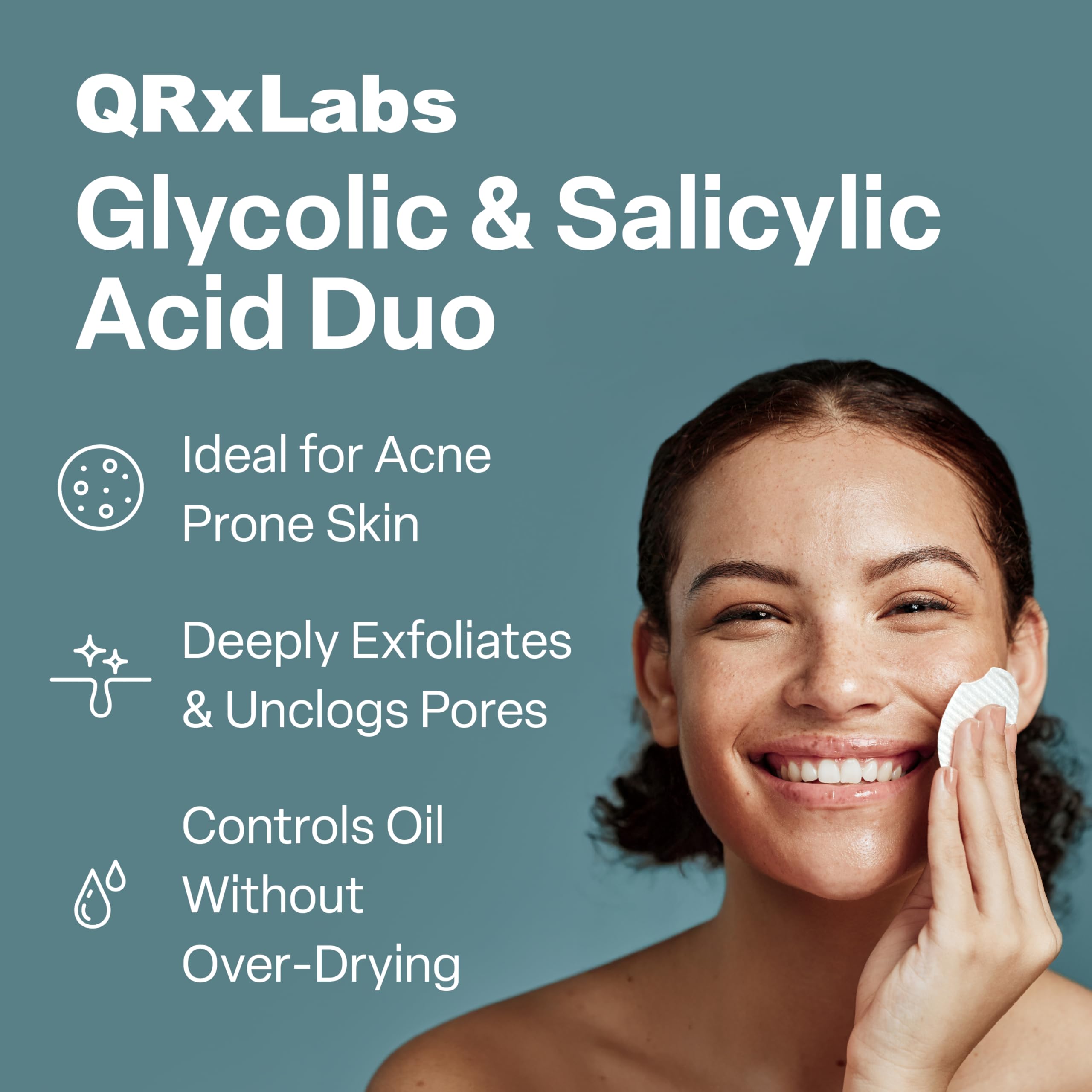 QRxLabs Salicylic & Glycolic Acid Acne Clearing Pads - 2% Salicylic, 10% Glycolic - 50 Count