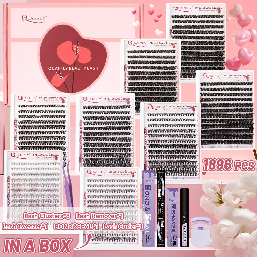 QUAFFLY Valentine's Day Eyelash Gift Set – 8-Style DIY Lash Extension Kit (1896 Pcs, 8–18mm D-Curl)