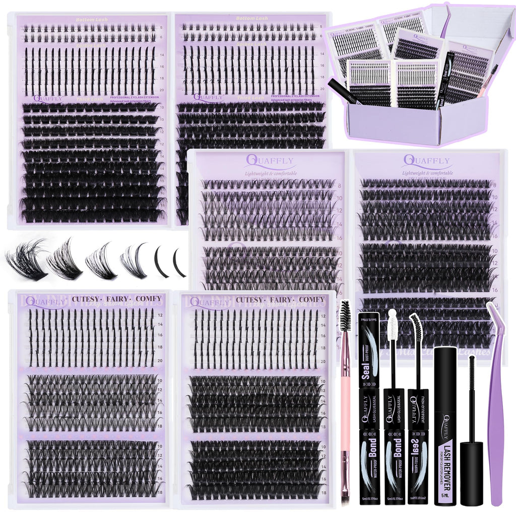 QUAFFLY DIY Lash Extension Kit 1676Pcs – D-Curl Spike Lashes, Bottom Lashes, Bond & Seal