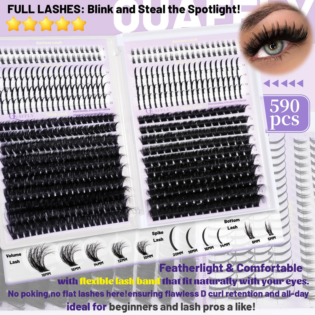 QUAFFLY DIY Lash Extension Kit 1676Pcs – D-Curl Spike Lashes, Bottom Lashes, Bond & Seal