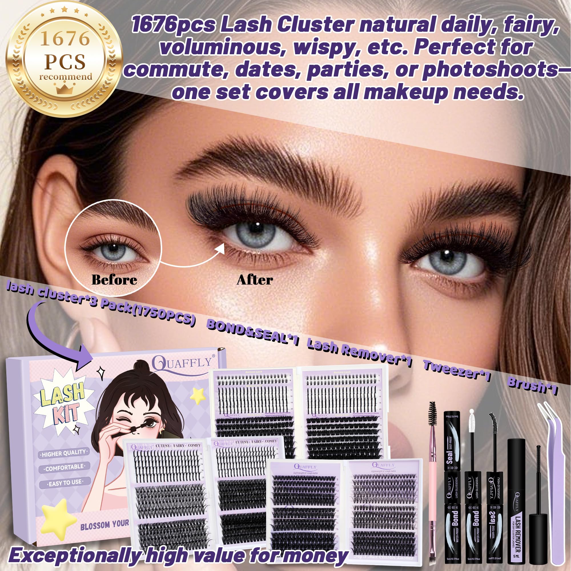 QUAFFLY DIY Lash Extension Kit 1676Pcs – D-Curl Spike Lashes, Bottom Lashes, Bond & Seal