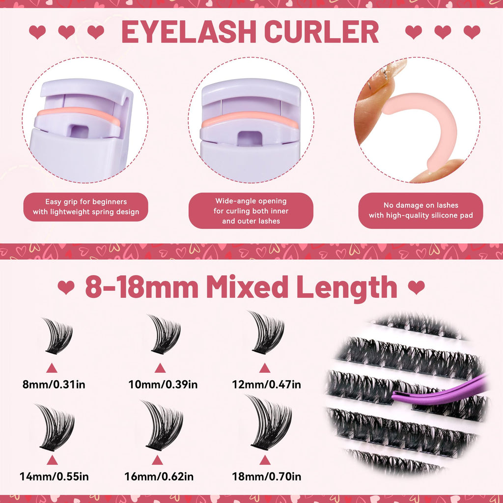 QUAFFLY Valentine's Day Eyelash Gift Set – 8-Style DIY Lash Extension Kit (1896 Pcs, 8–18mm D-Curl)