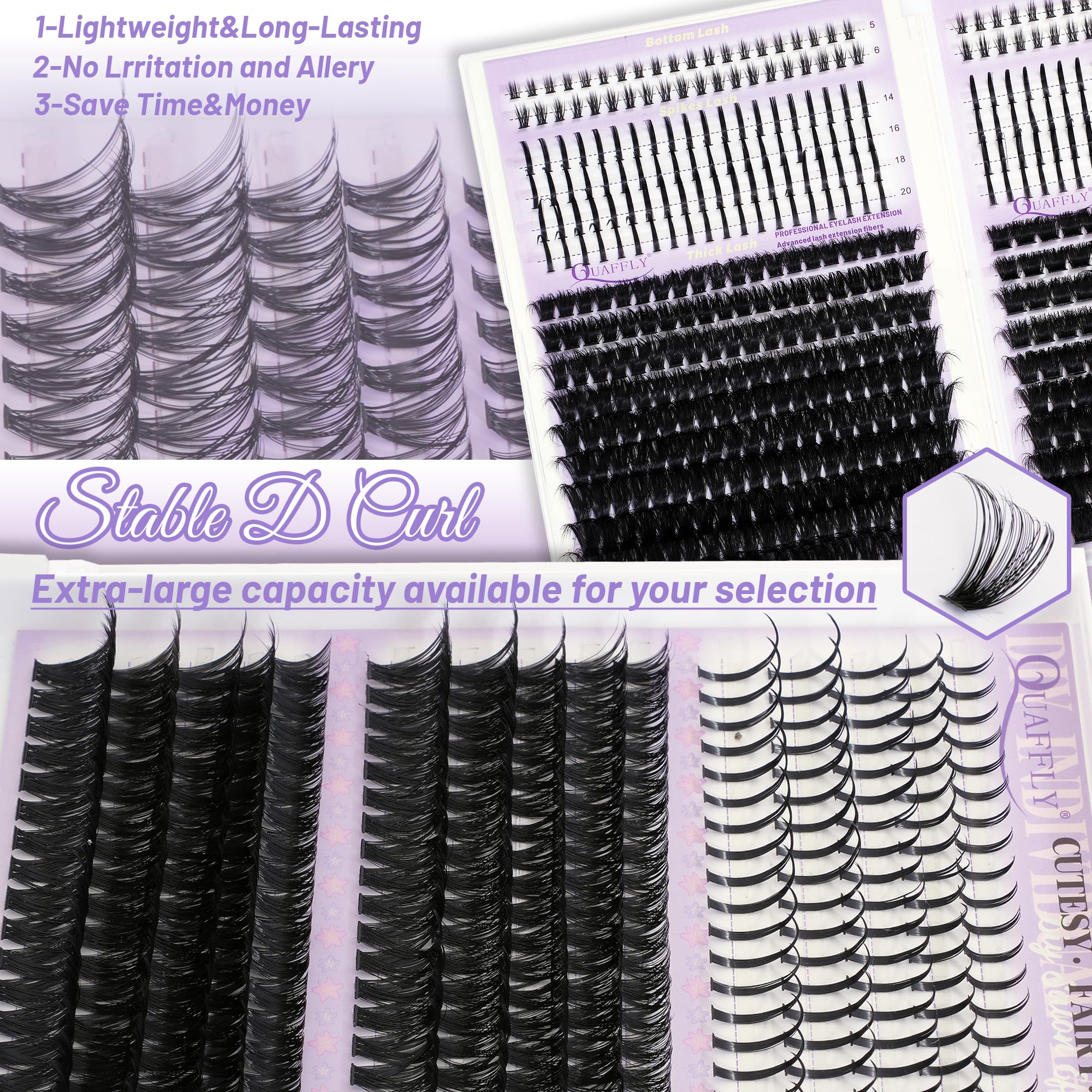 QUAFFLY DIY Lash Extension Kit 1676Pcs – D-Curl Spike Lashes, Bottom Lashes, Bond & Seal