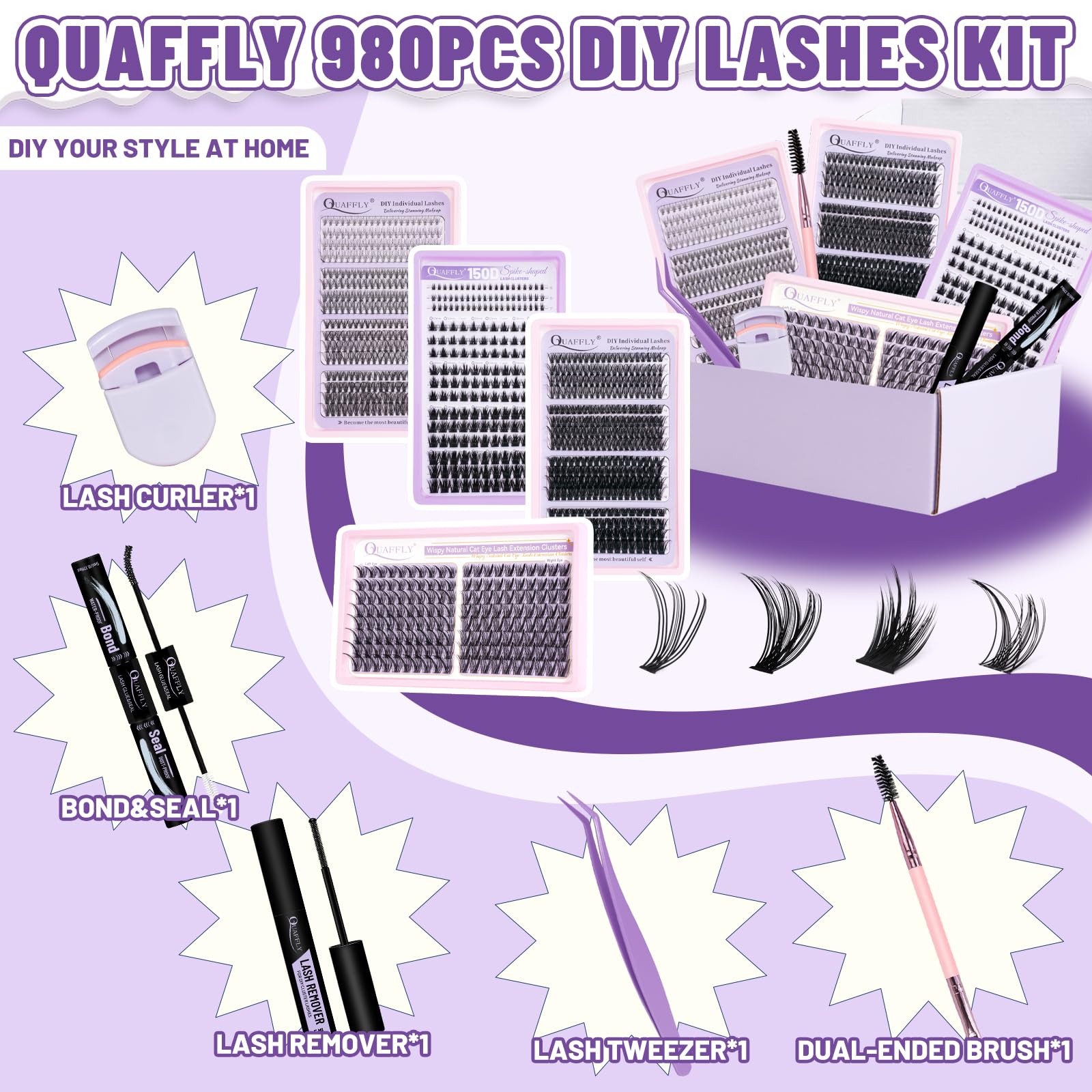QUAFFLY DIY Lash Extension Kit 980 Pcs – Lower Lashes, Bond & Seal, Beginner Friendly
