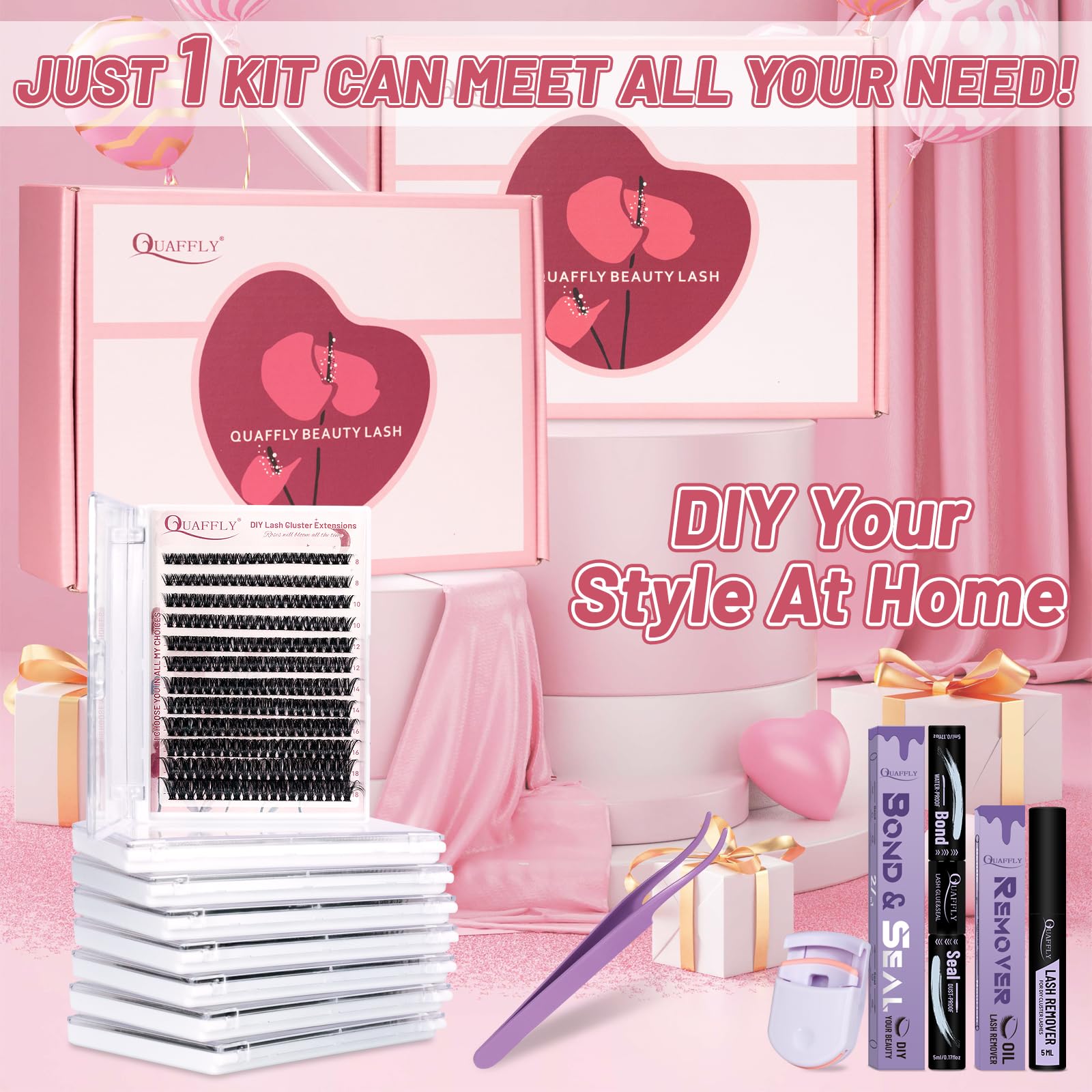 QUAFFLY Valentine's Day Eyelash Gift Set – 8-Style DIY Lash Extension Kit (1896 Pcs, 8–18mm D-Curl)