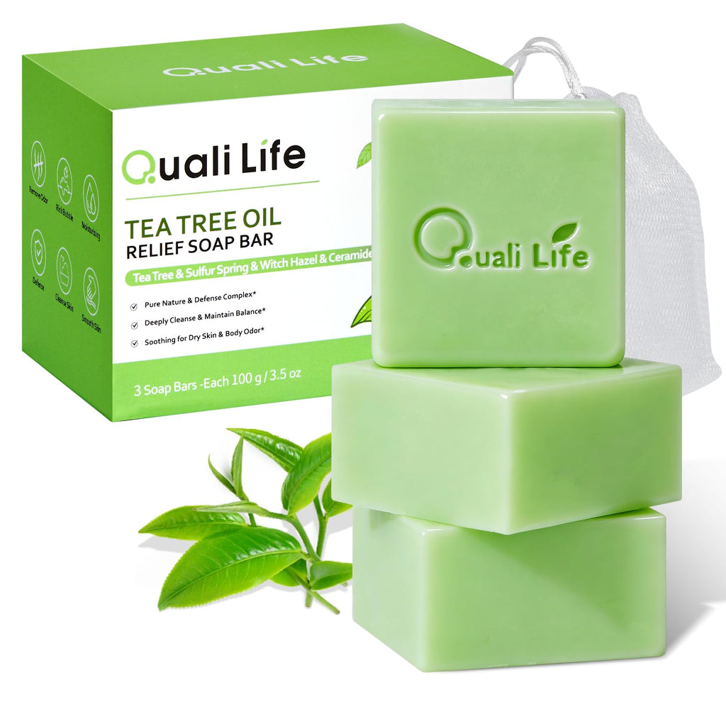 QualiLife Tea Tree Soap Bar for Face & Body – Antifungal, Antibacterial Tea Tree Oil | Pack of 3