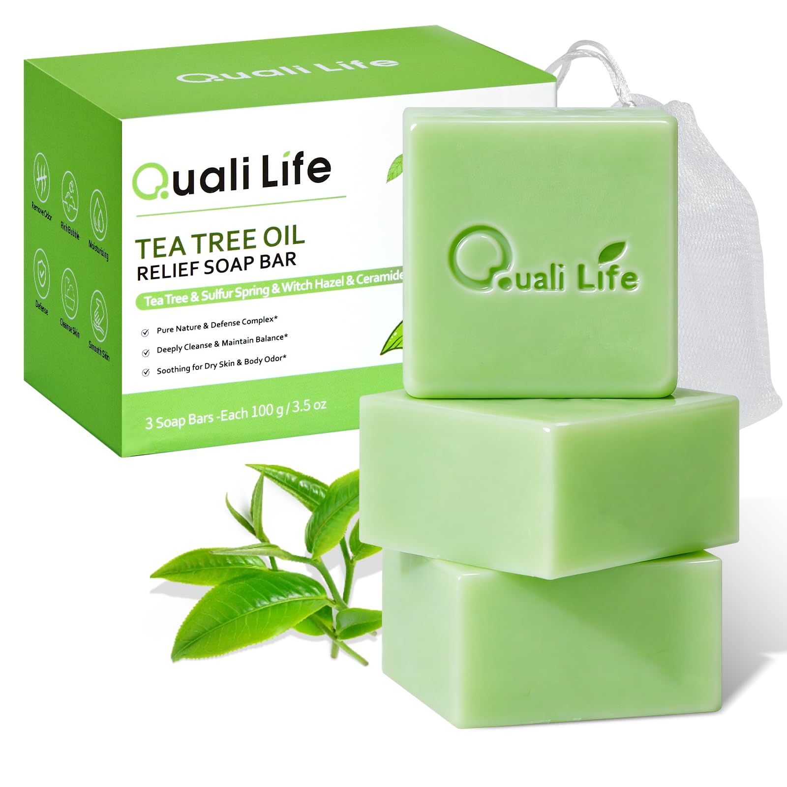QualiLife Tea Tree Soap Bar for Face & Body – Antifungal, Antibacterial Tea Tree Oil | Pack of 3