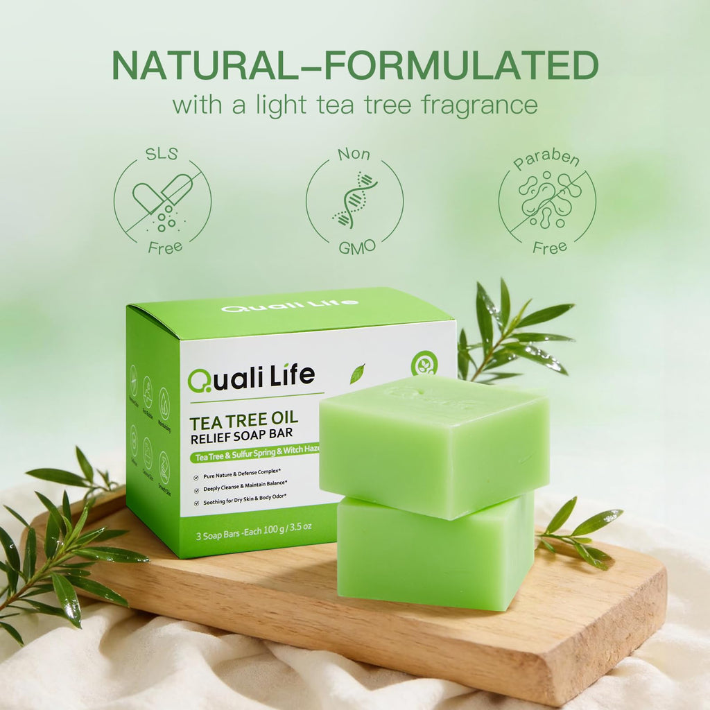 QualiLife Tea Tree Soap Bar for Face & Body – Antifungal, Antibacterial Tea Tree Oil | Pack of 3