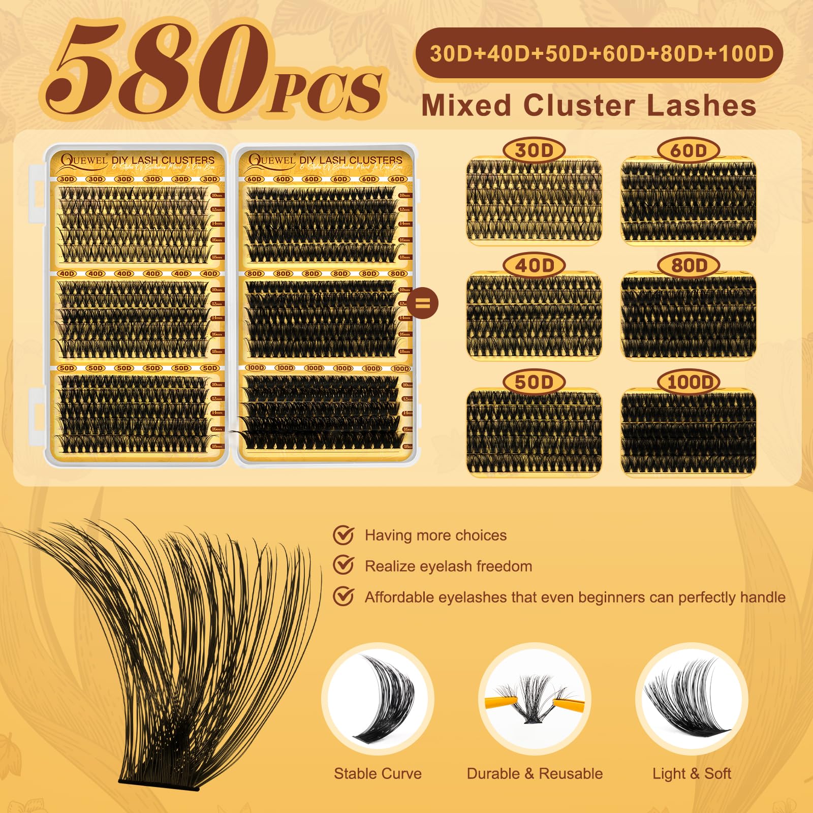 QUEWEL 580PCS Eyelash Clusters — 30D to 100D Wispy Lashes for DIY Extensions (Reusable)