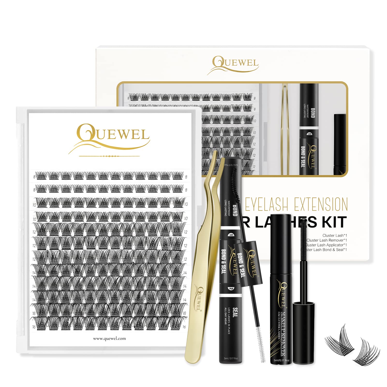 QUEWEL DIY Eyelash Extensions Kit – 144 Clusters, Bond & Seal, Remover