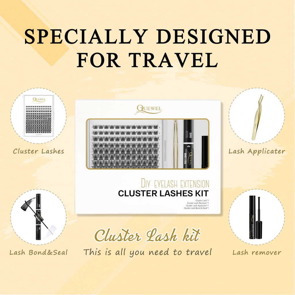 QUEWEL DIY Eyelash Extensions Kit – 144 Clusters, Bond & Seal, Remover
