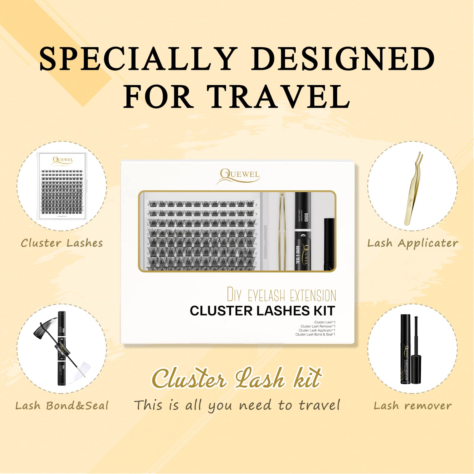 QUEWEL DIY Eyelash Extensions Kit – 144 Clusters, Bond & Seal, Remover