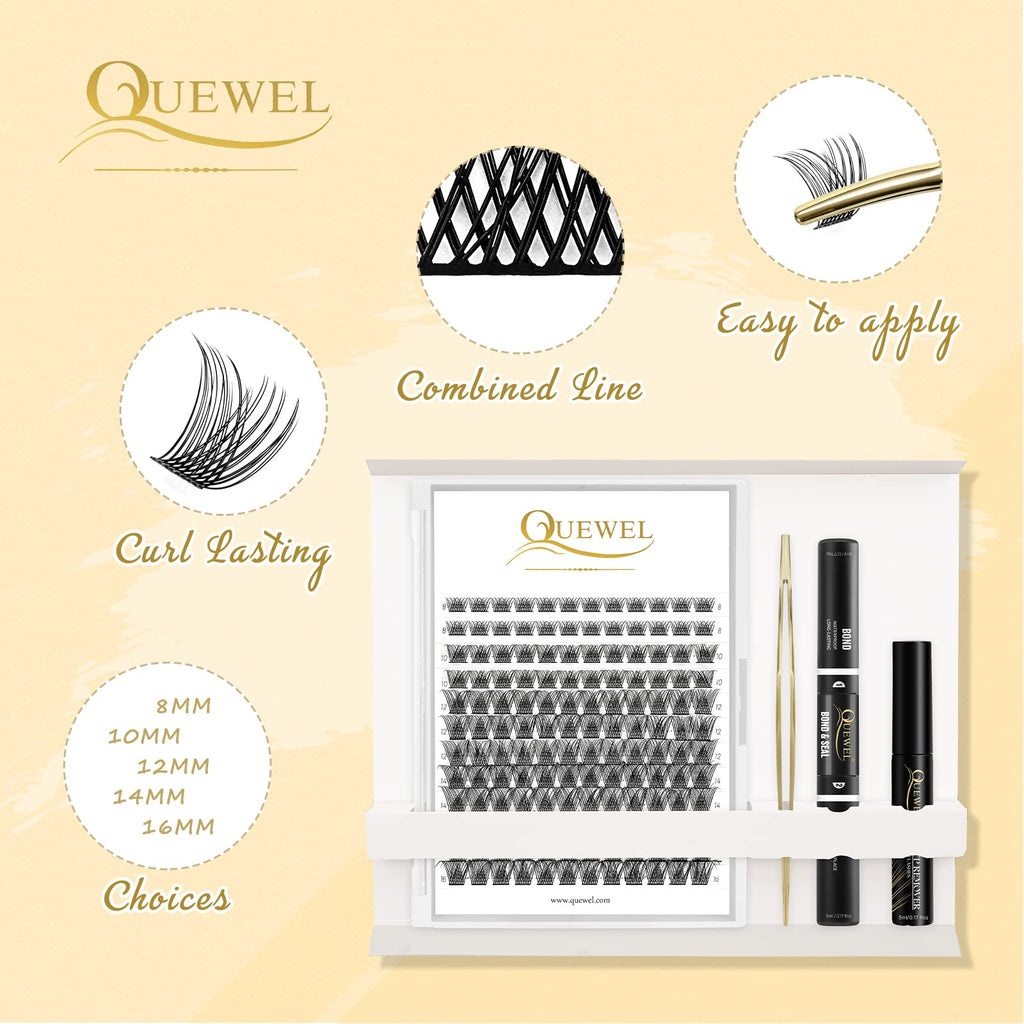 QUEWEL DIY Eyelash Extensions Kit – 144 Clusters, Bond & Seal, Remover