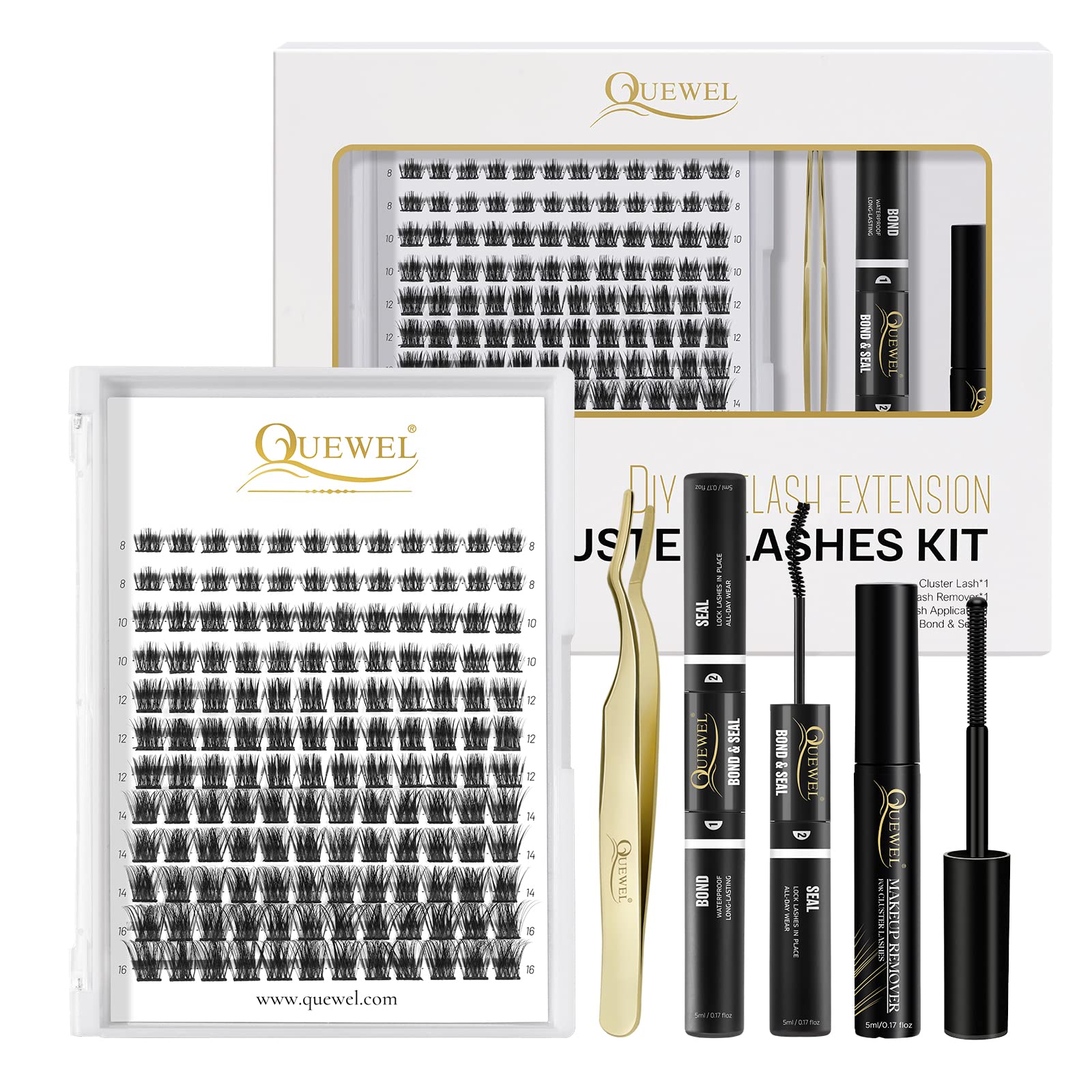 QUEWEL DIY Lash Clusters Kit – 144 Pcs, Bond & Seal, Tweezer & Remover