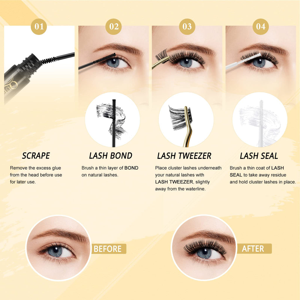 QUEWEL DIY Eyelash Extensions Kit – 144 Clusters, Bond & Seal, Remover