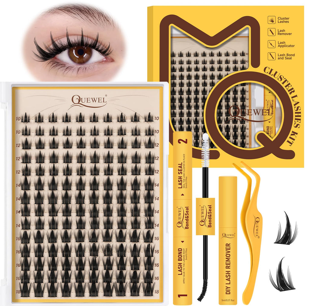 QUEWEL Fairy-Lash Clusters Kit | 140pcs Manga Clusters 10-18mm | DIY Lash Extensions with Bond & Seal, Tweezers & Remover