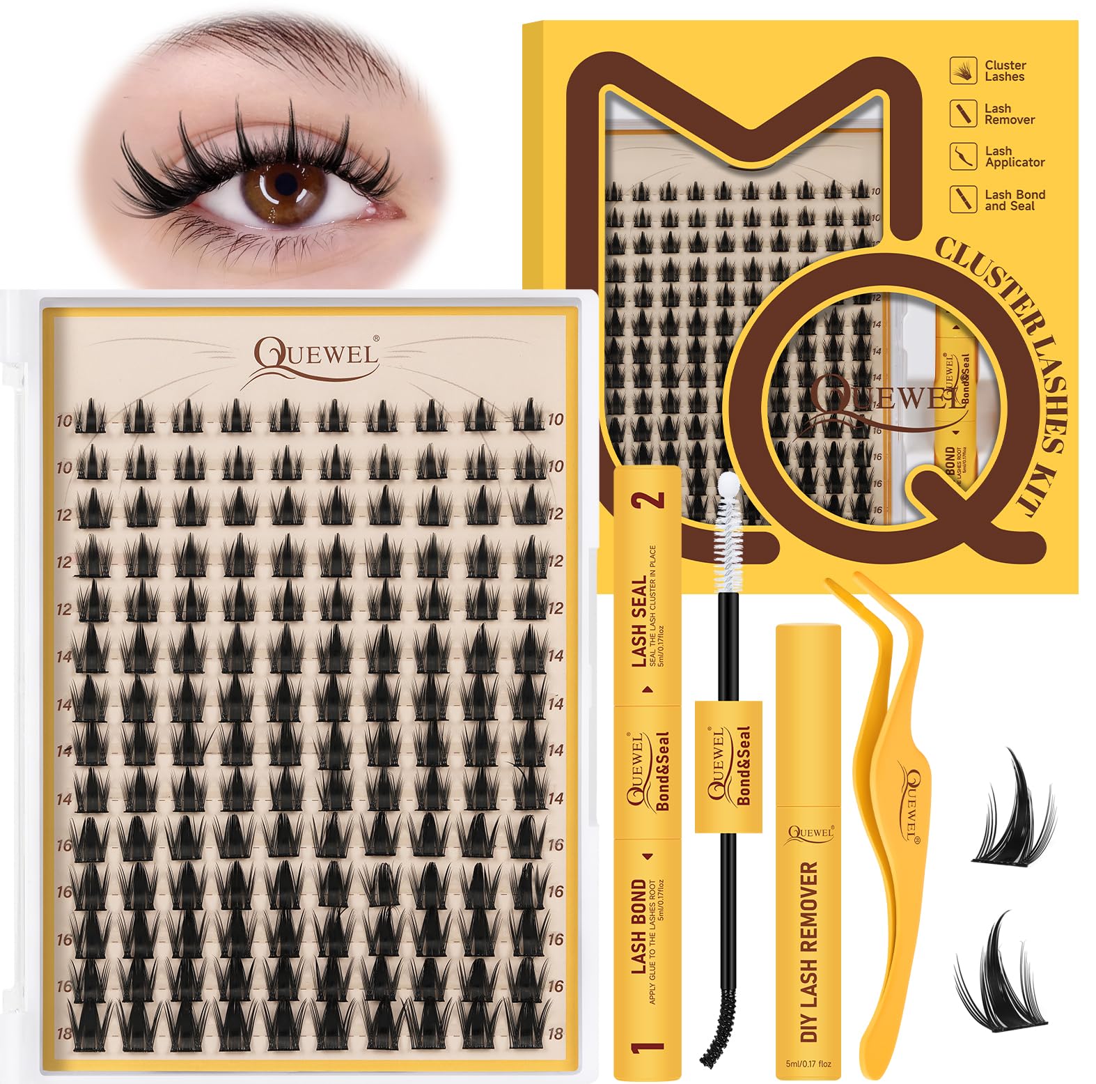 QUEWEL Fairy-Lash Clusters Kit | 140pcs Manga Clusters 10-18mm | DIY Lash Extensions with Bond & Seal, Tweezers & Remover