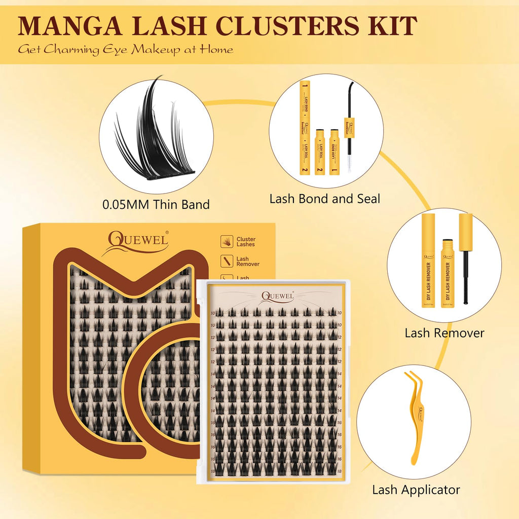 QUEWEL Fairy-Lash Clusters Kit | 140pcs Manga Clusters 10-18mm | DIY Lash Extensions with Bond & Seal, Tweezers & Remover
