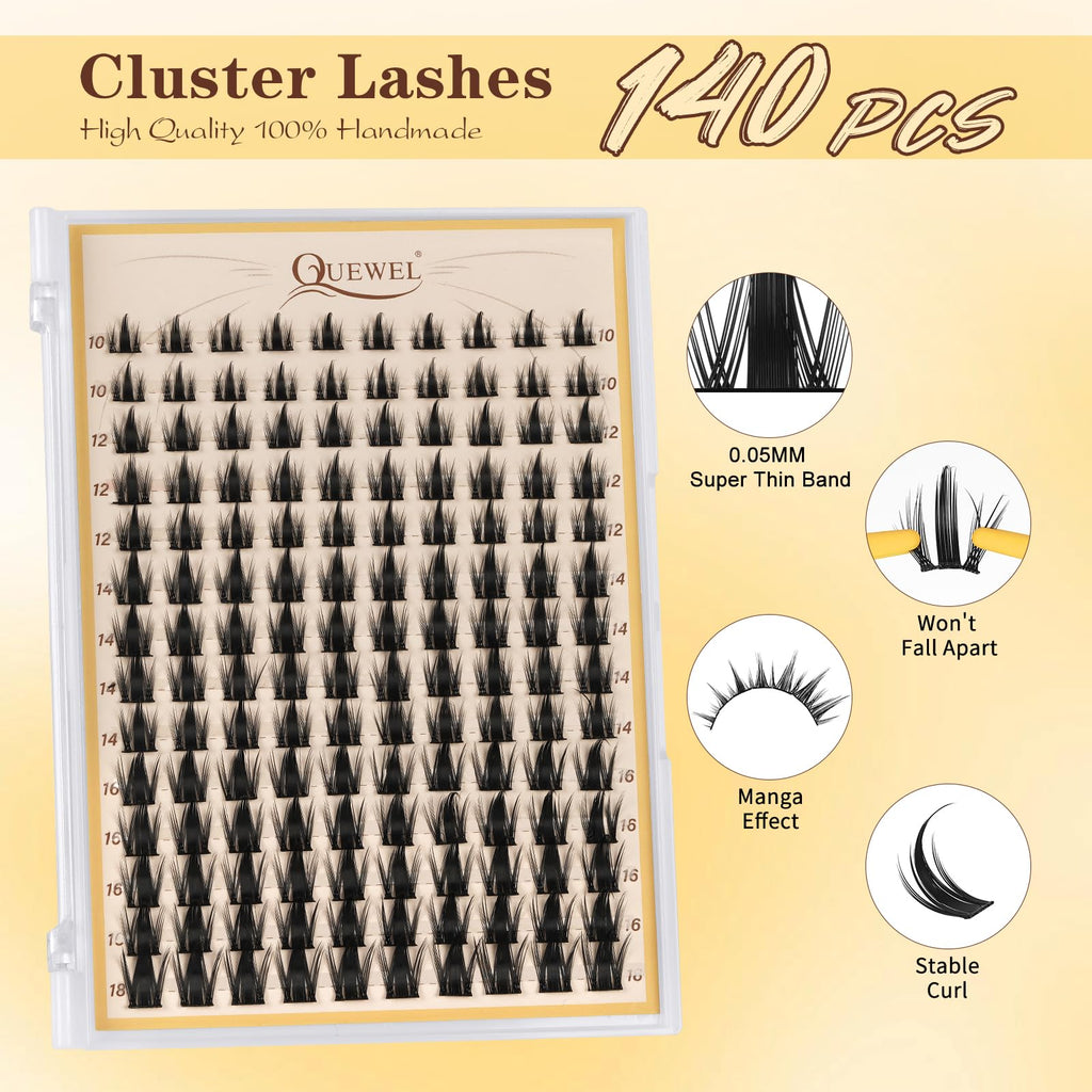 QUEWEL Fairy-Lash Clusters Kit | 140pcs Manga Clusters 10-18mm | DIY Lash Extensions with Bond & Seal, Tweezers & Remover