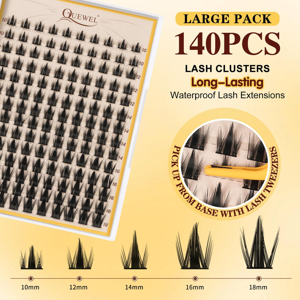 QUEWEL Fairy-Lash Clusters Kit | 140pcs Manga Clusters 10-18mm | DIY Lash Extensions with Bond & Seal, Tweezers & Remover