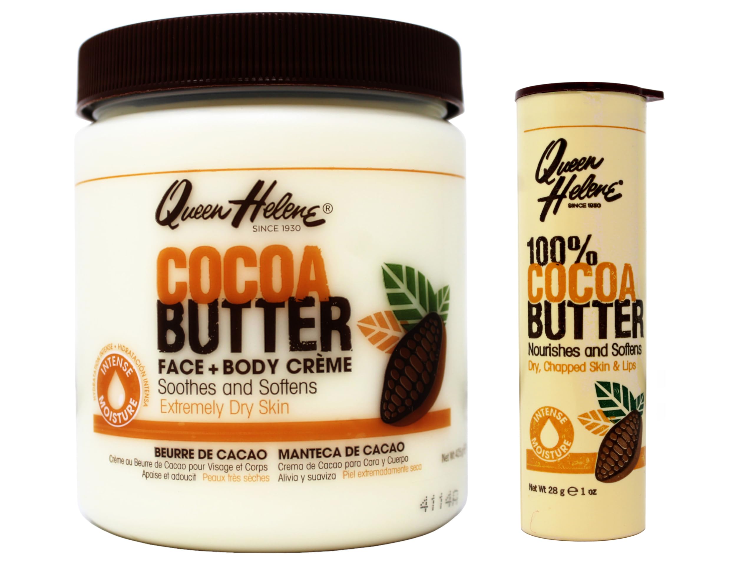 Queen Helene Cocoa Butter Moisturizing Kit: Face + Body Creme 15 oz + 100% Cocoa Butter Lip Balm 1 oz