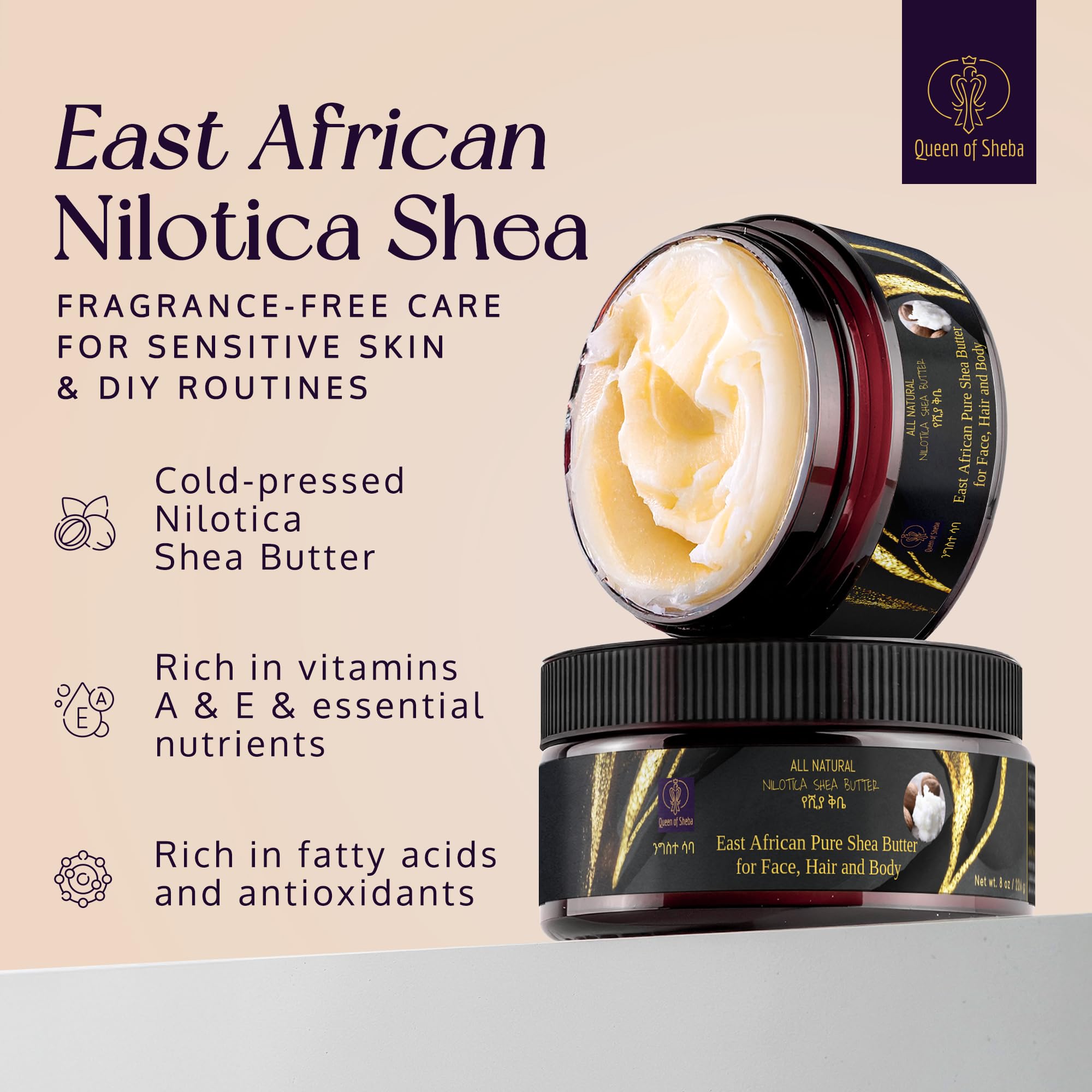 Queen of Shea Raw Organic Shea Butter (8 oz) - East African Nilotica Moisturizer