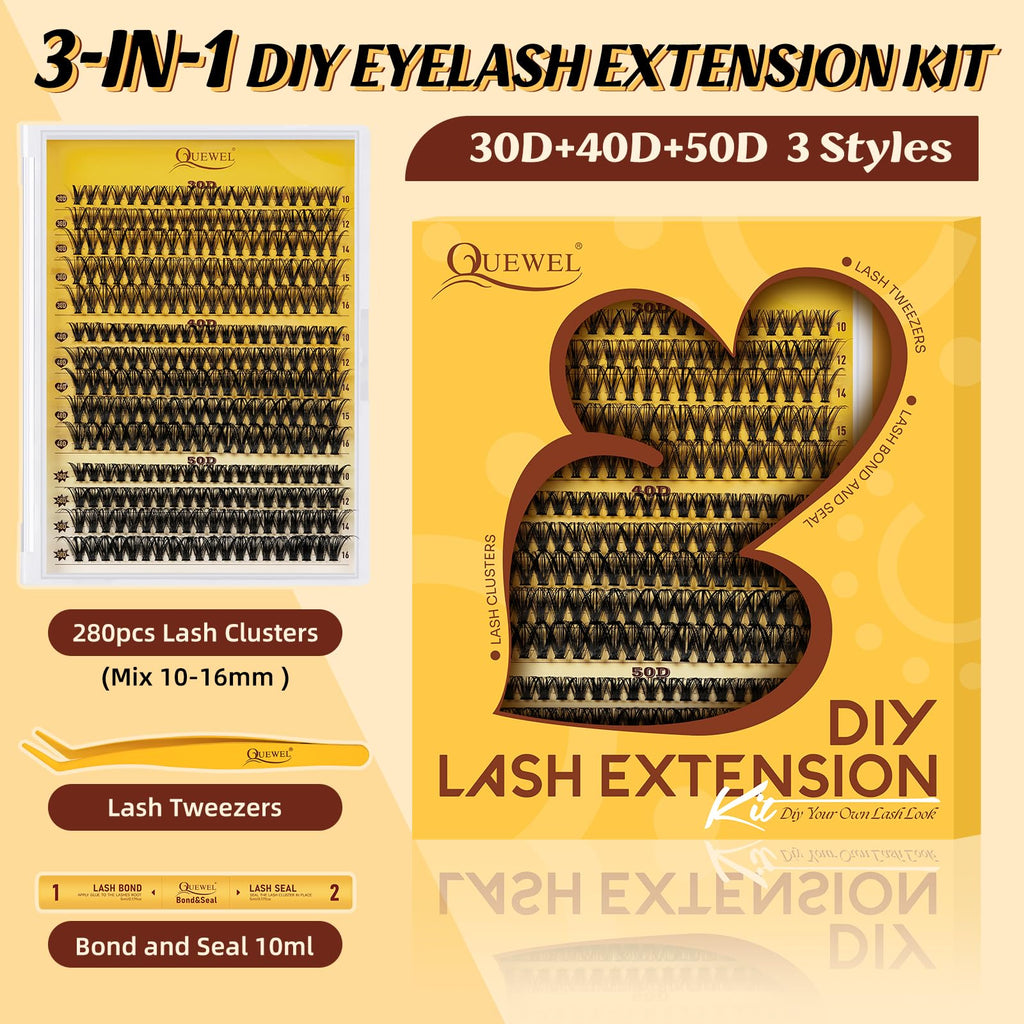 QUEWEL Lash-Clusters-Kit – 30/40/50D DIY Lash Clusters 10-16mm with Bond & Seal, Waterproof, Tweezers