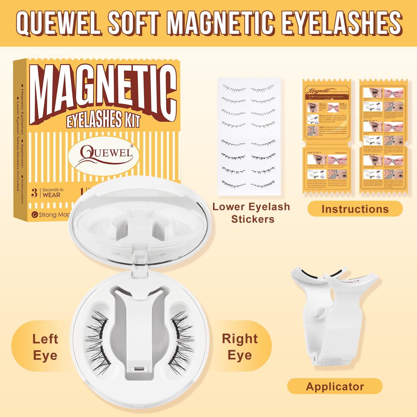 QUEWEL Magnetic Eyelashes with Applicator – No Glue Needed, Reusable, Beginner-Friendly (Soft-Magnetic-B)