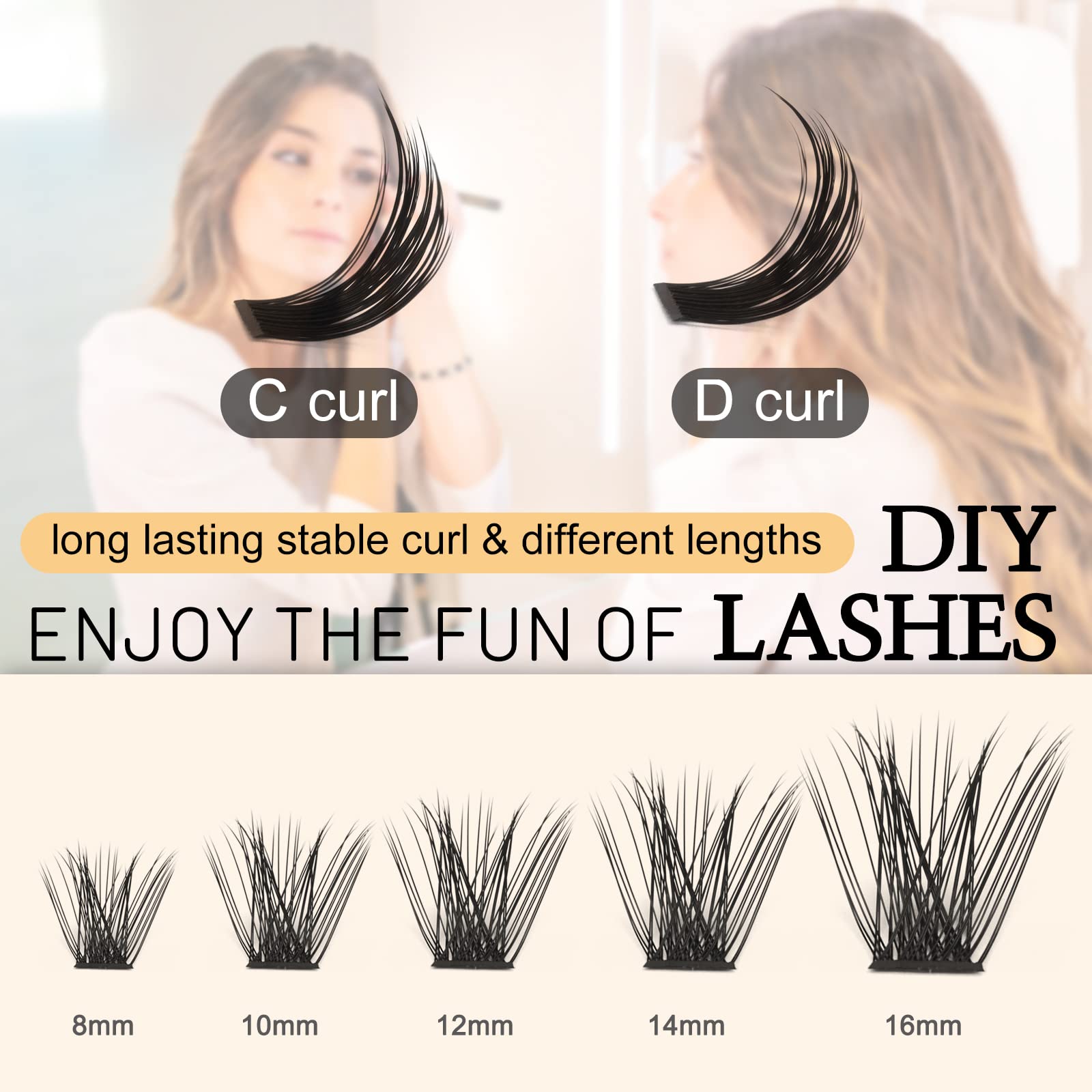 QUEWEL Cluster Lashes 144 Pcs Mega-D-MIX DIY Eyelash Extensions, C/D Curl, 8-16mm