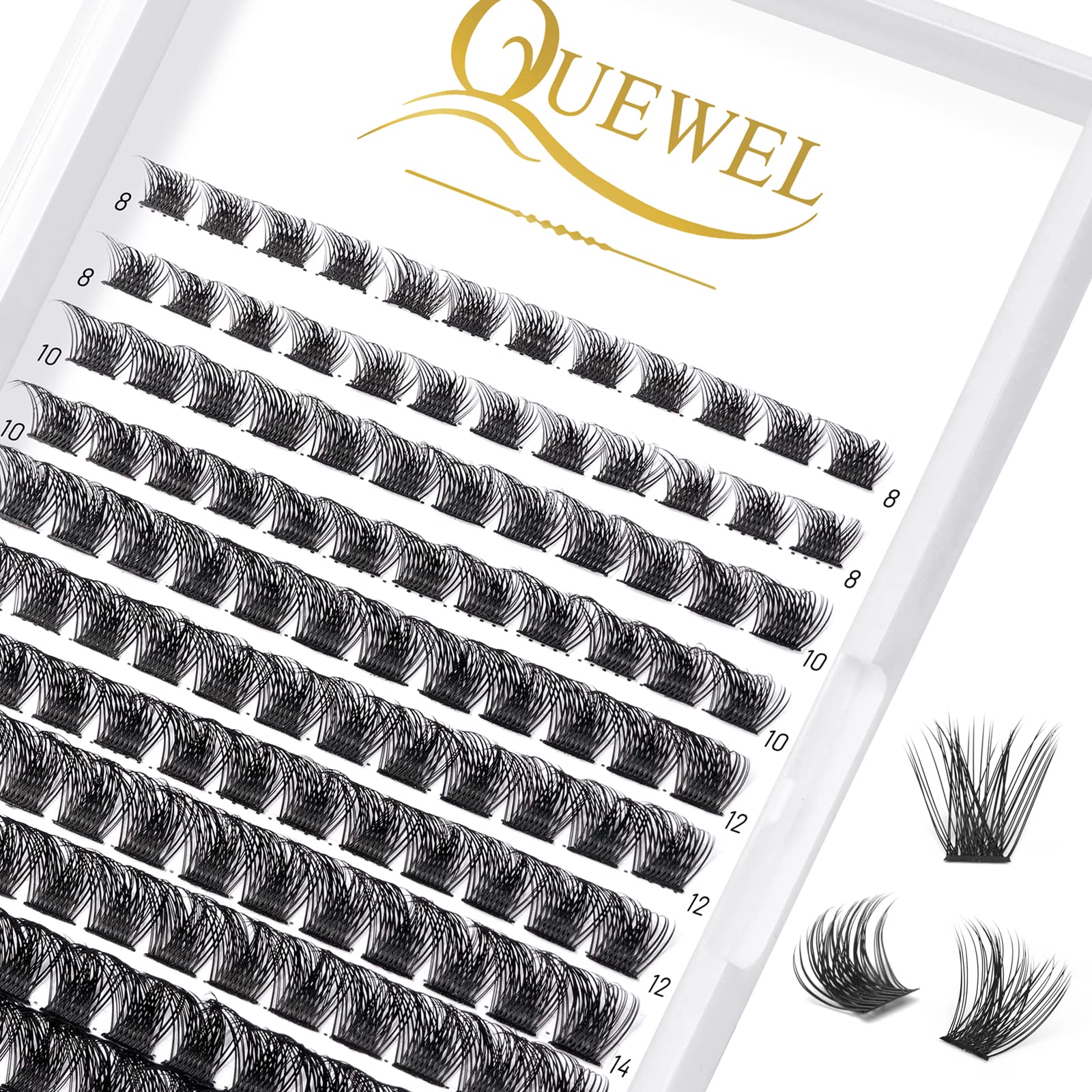QUEWEL Cluster Lashes 144 Pcs Mega-D-MIX DIY Eyelash Extensions, C/D Curl, 8-16mm