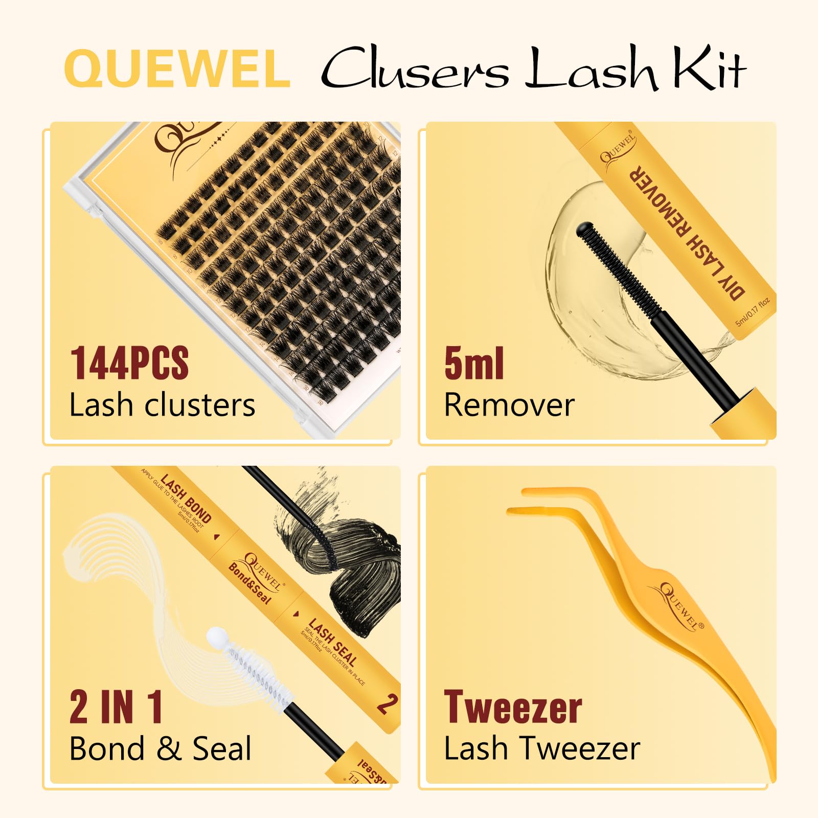 QUEWEL DIY Lash Extension Kit – 144 Lashes, Bond & Seal, Waterproof, At-Home Lash Kit