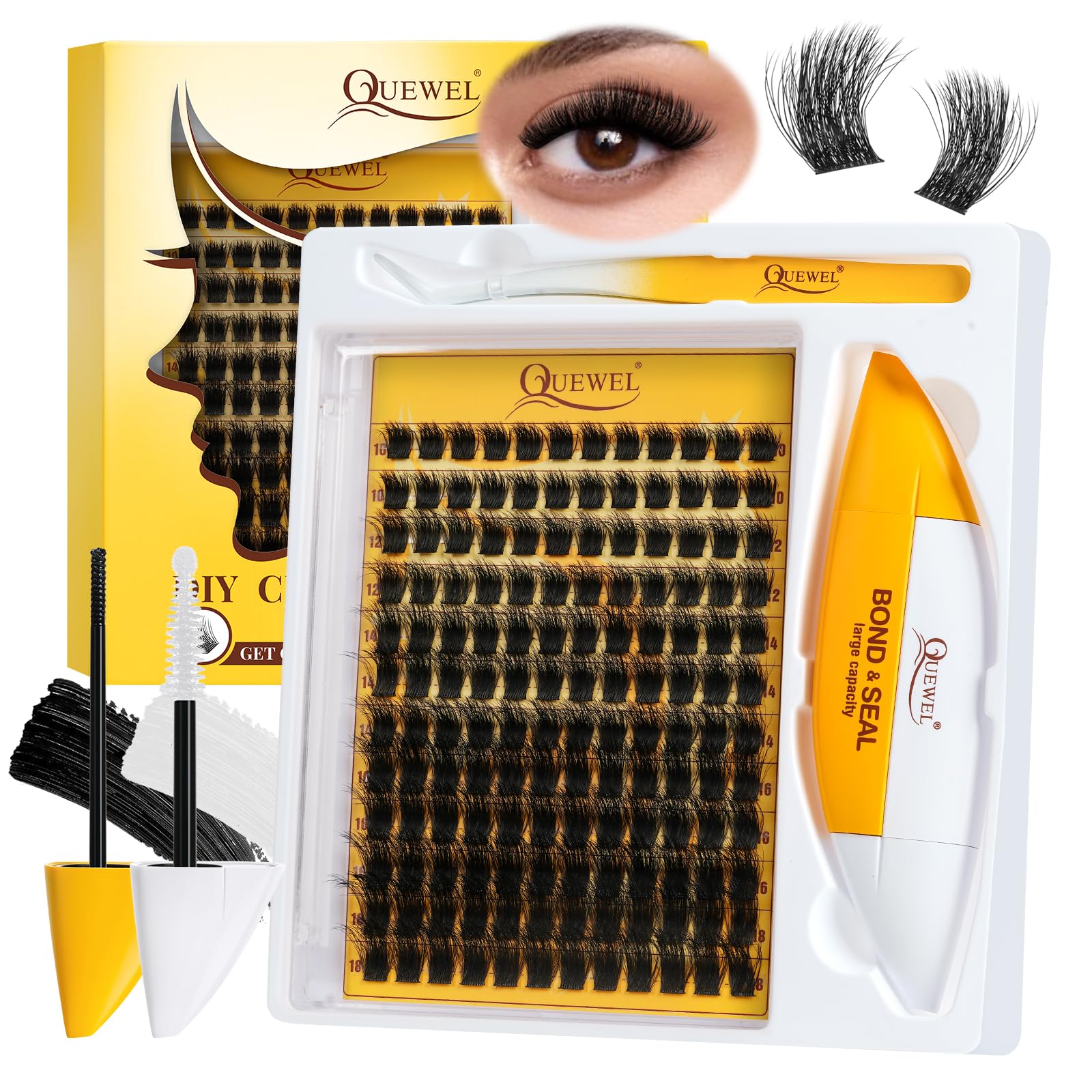 QUEWEL DIY Lash Extension Kit - 144 Pcs Clusters, 10-18mm, Bond & Seal, Beginner-Friendly at Home