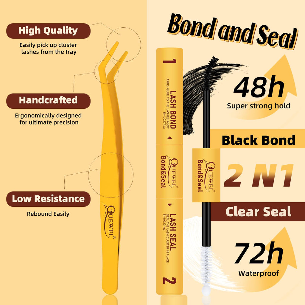 QUEWEL Lash-Clusters-Kit – 30/40/50D DIY Lash Clusters 10-16mm with Bond & Seal, Waterproof, Tweezers