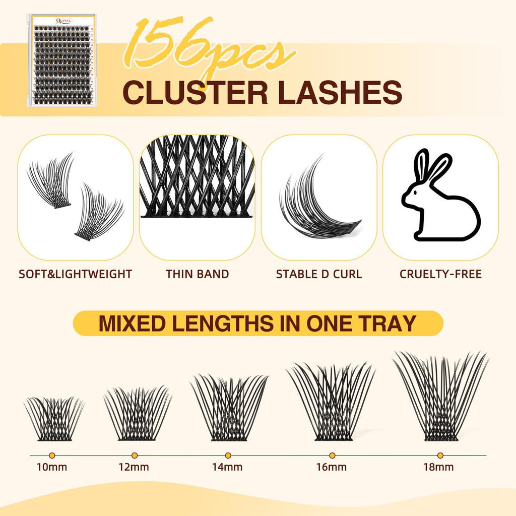 QUEWEL Lash Clusters Kit – DIY 156-Piece Lash Extensions Set (10–18mm) with Bond & Seal, Remover & Tools