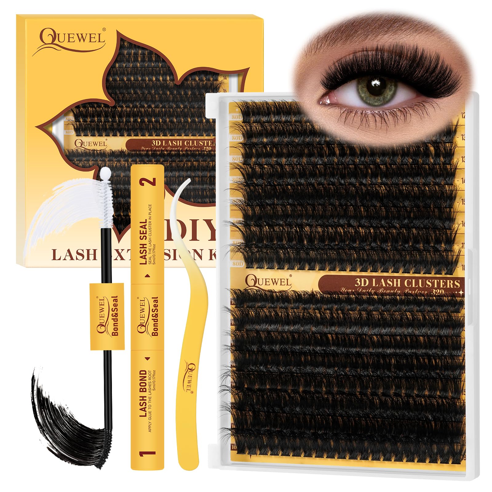 QUEWEL Lash Clusters Kit – 320Pcs 80D+100D 12-18mm DIY 3D Lash Extensions