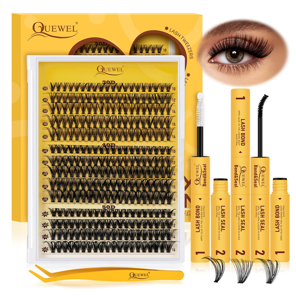 QUEWEL Lash-Clusters-Kit – 30/40/50D DIY Lash Clusters 10-16mm with Bond & Seal, Waterproof, Tweezers