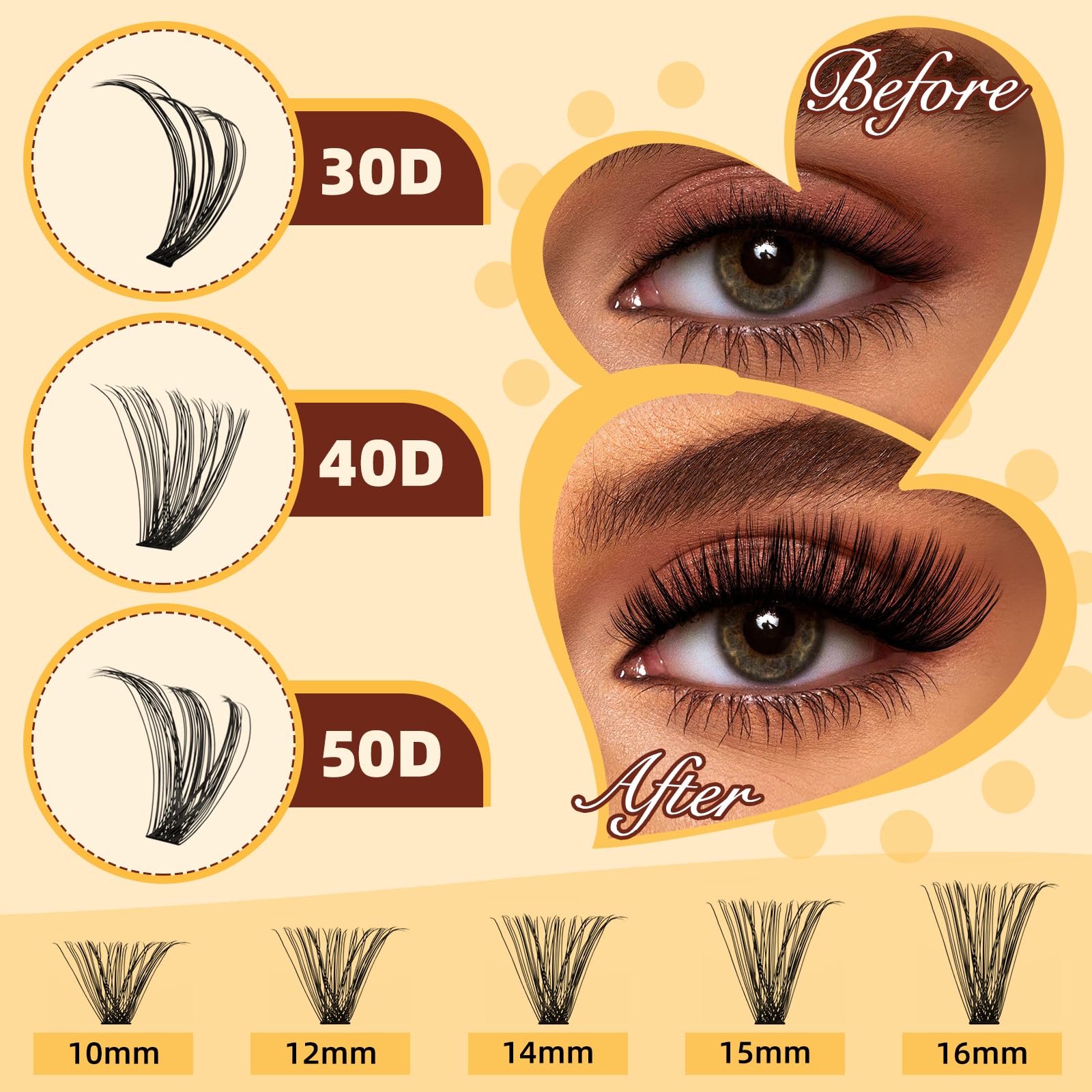 QUEWEL Lash-Clusters-Kit – 30/40/50D DIY Lash Clusters 10-16mm with Bond & Seal, Waterproof, Tweezers