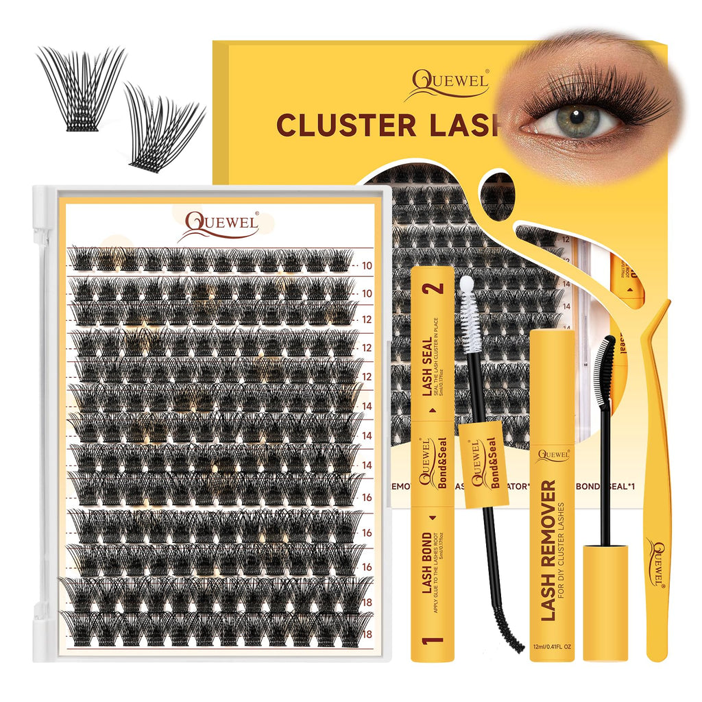 QUEWEL Lash Clusters Kit – DIY 156-Piece Lash Extensions Set (10–18mm) with Bond & Seal, Remover & Tools