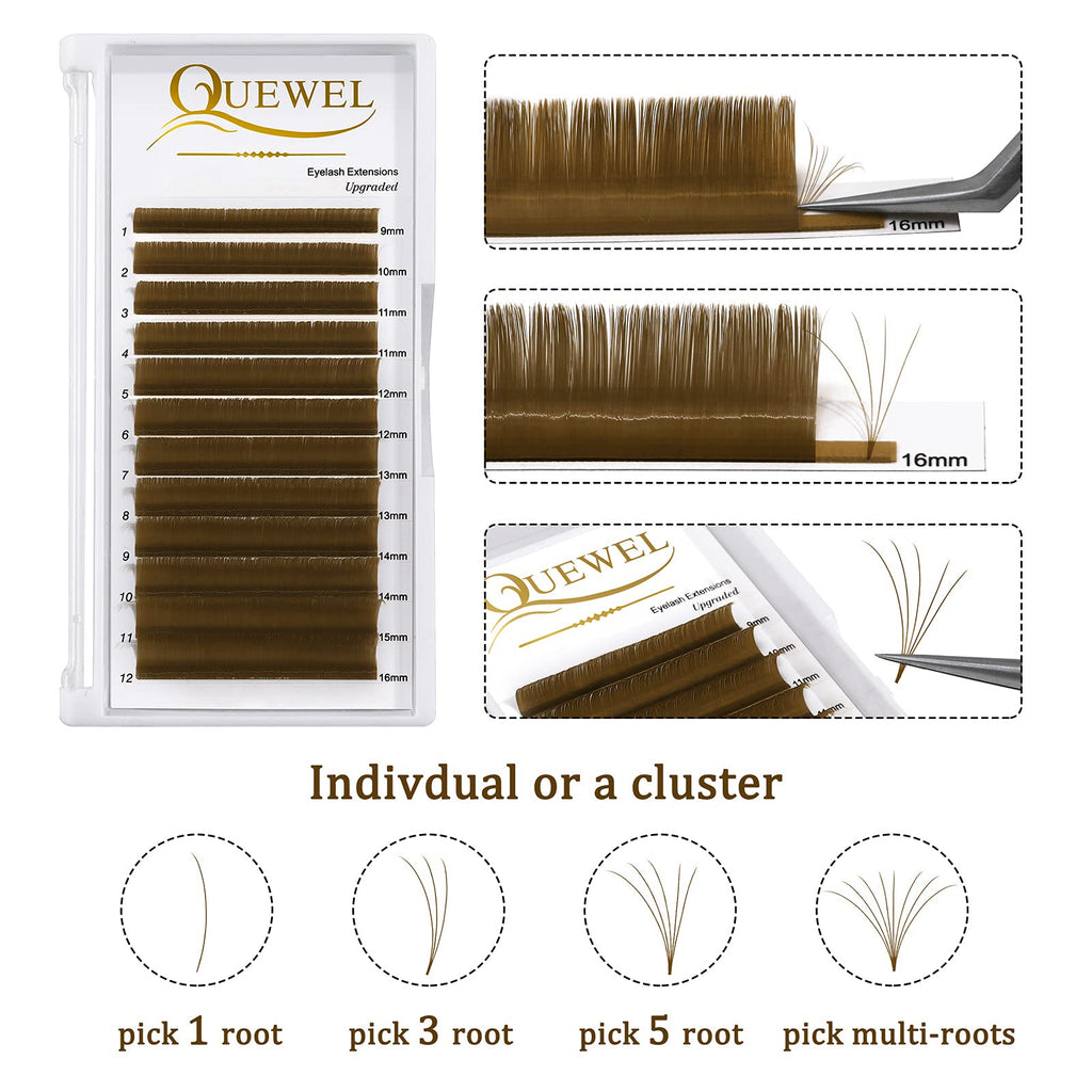 QUEWEL Easy Fan Volume Lashes – Brown 0.07 D Curl, 9-16mm Mixed Lengths, Self-Fanning 2D-10D Lashes