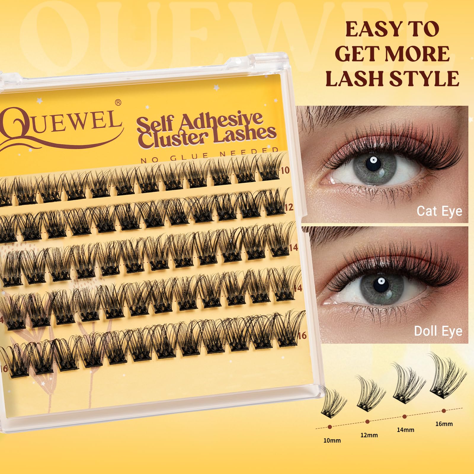QUEWEL Self Adhesive Lash Clusters Kit — No Glue Needed, 10–16mm, DIY Lashes