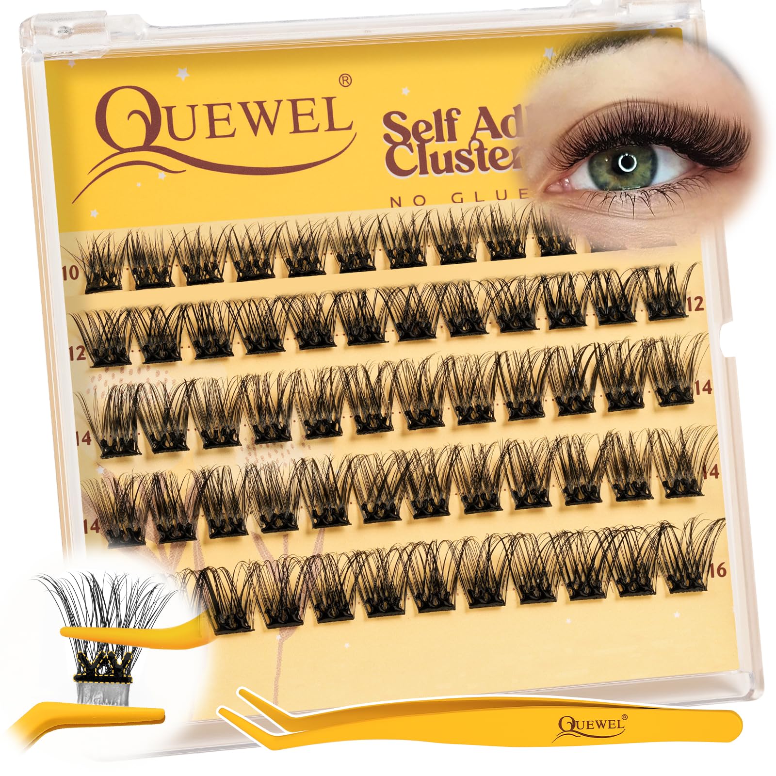 QUEWEL Self Adhesive Lash Clusters Kit — No Glue Needed, 10–16mm, DIY Lashes