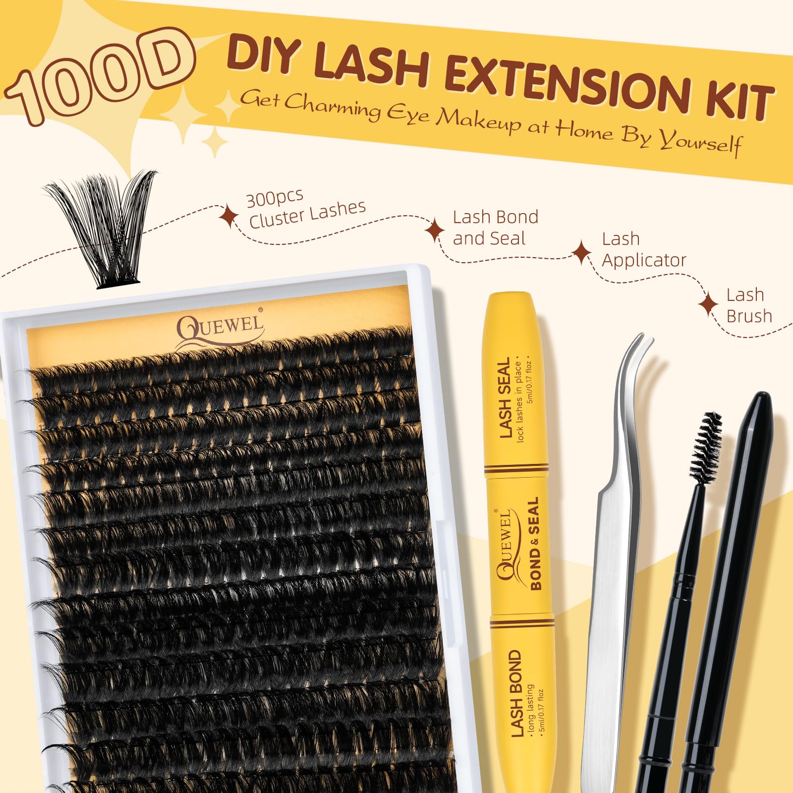 QUEWEL DIY Lash Extension Kit | 300 Pcs Cluster Lashes 10-20mm | Waterproof Lash Bond & Seal