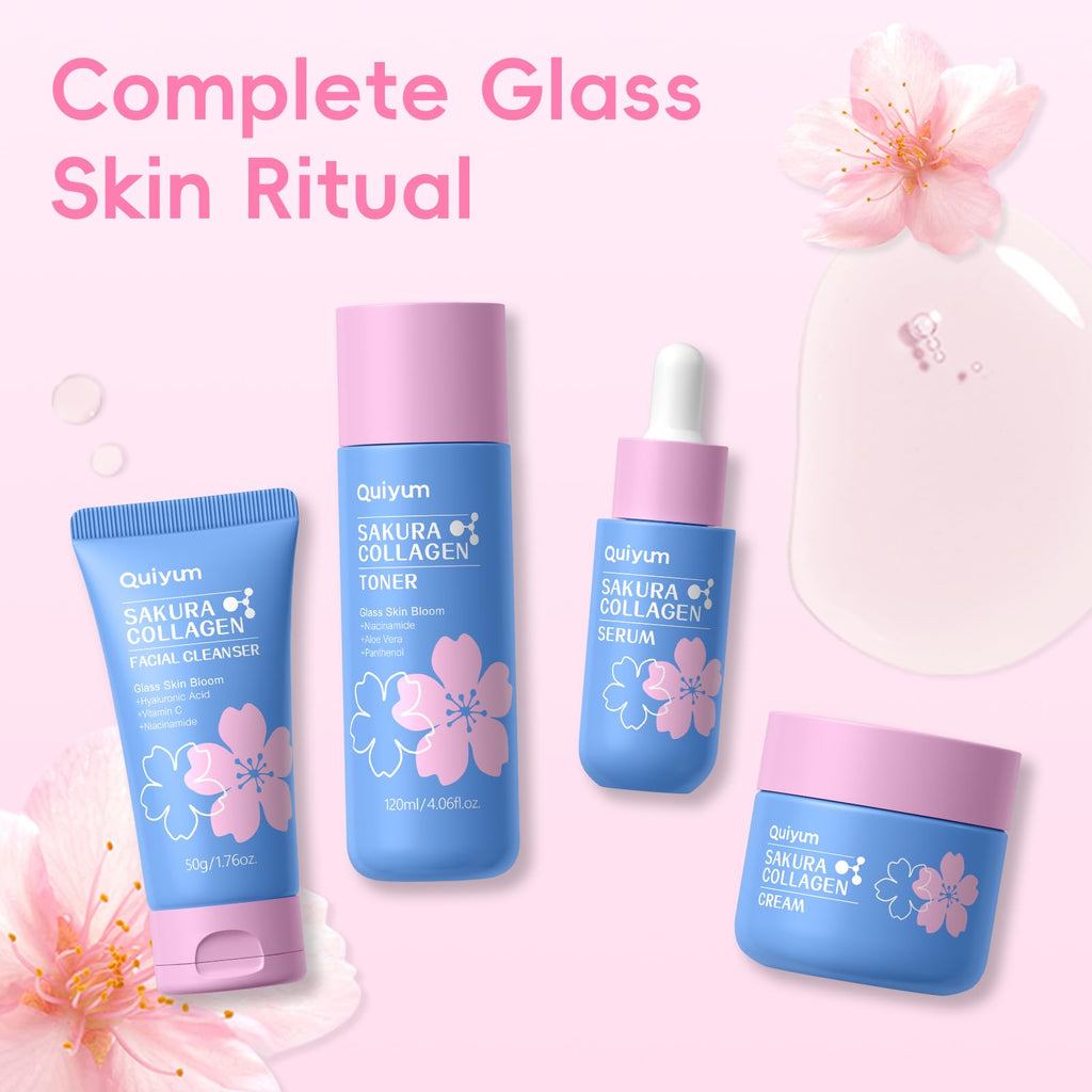 QUIYUM Sakura Collagen Skincare Set – 7pc with Cleanser, Serum, Toner, Cream, Brush, Hair Band & Makeup Bag