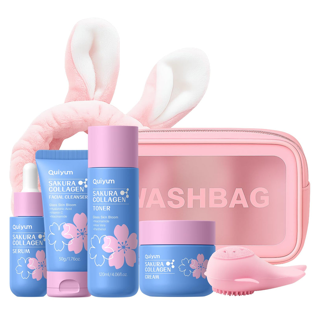 QUIYUM Sakura Collagen Skincare Set – 7pc with Cleanser, Serum, Toner, Cream, Brush, Hair Band & Makeup Bag
