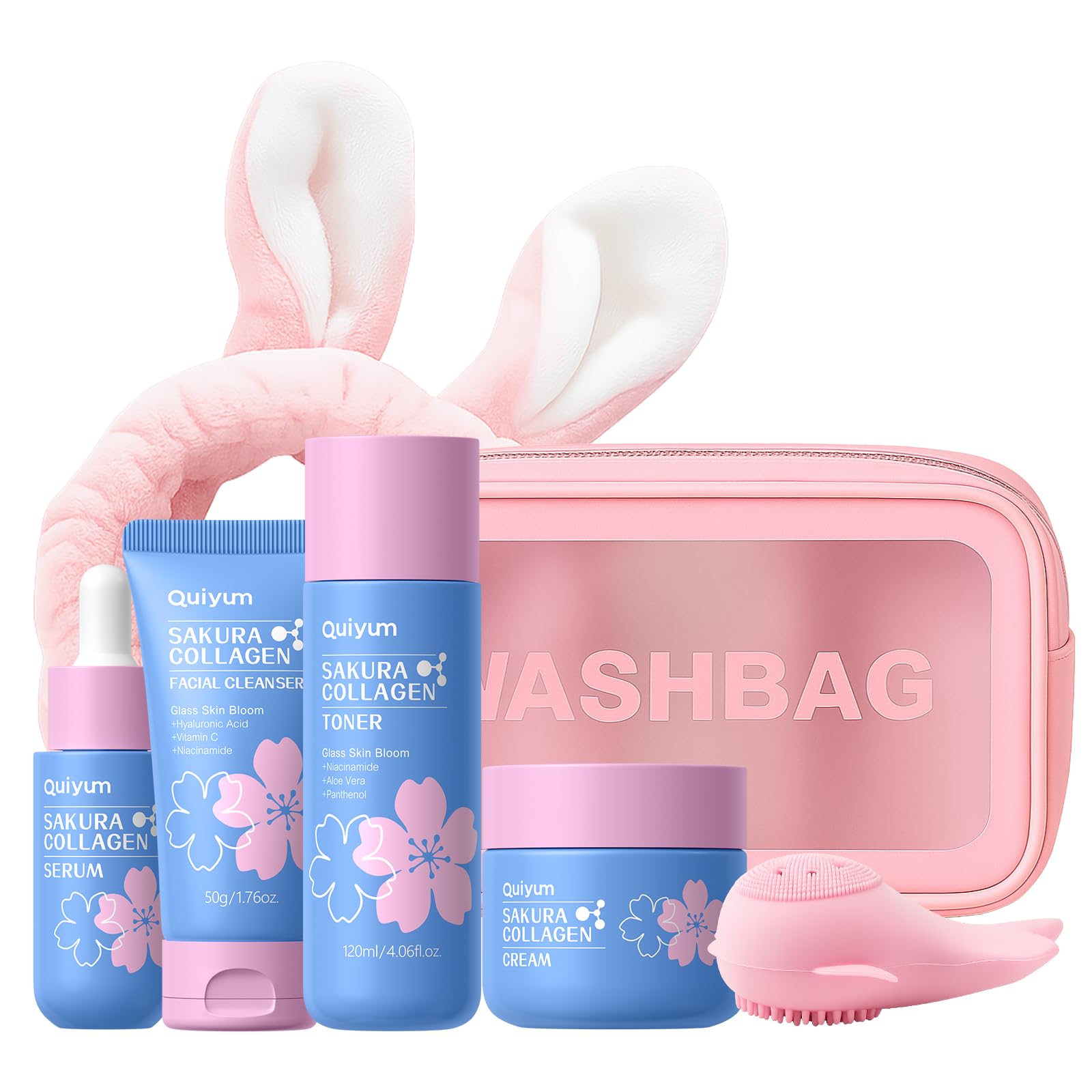QUIYUM Sakura Collagen Skincare Set – 7pc with Cleanser, Serum, Toner, Cream, Brush, Hair Band & Makeup Bag
