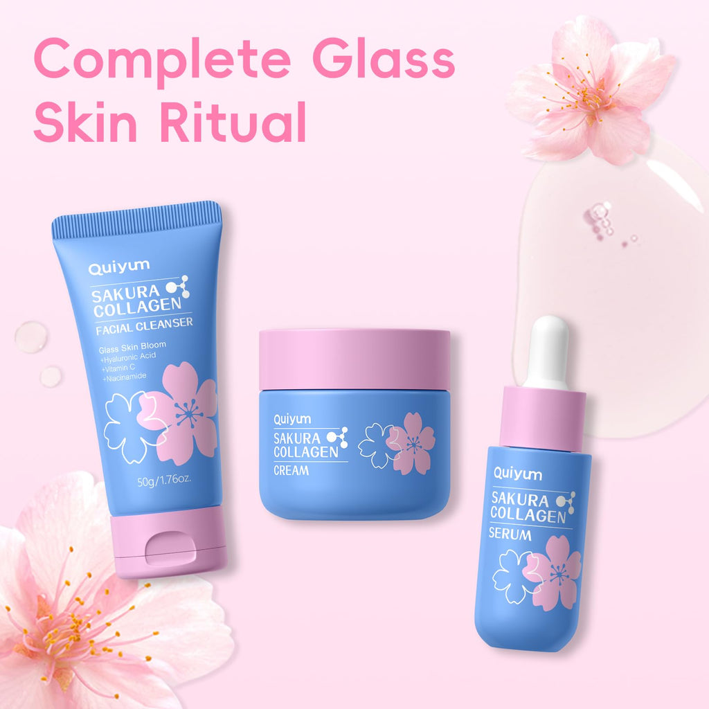 QUIYUM Sakura Collagen Skin Care Set – 5pc Cleanser, Serum, Cream, Pink Brush & Accessories