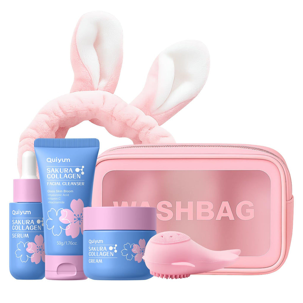 QUIYUM Sakura Collagen Skin Care Set – 5pc Cleanser, Serum, Cream, Pink Brush & Accessories