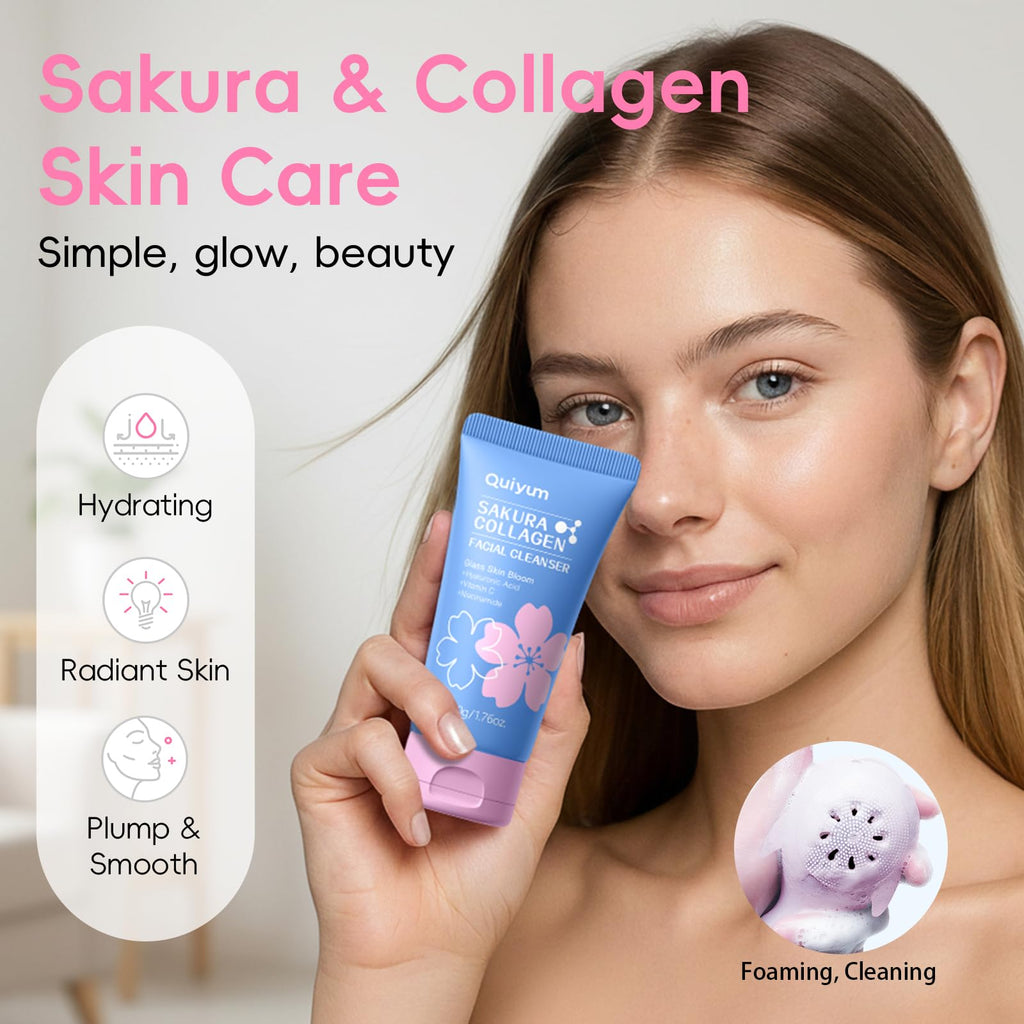 QUIYUM Sakura Collagen Skin Care Set – 5pc Cleanser, Serum, Cream, Pink Brush & Accessories