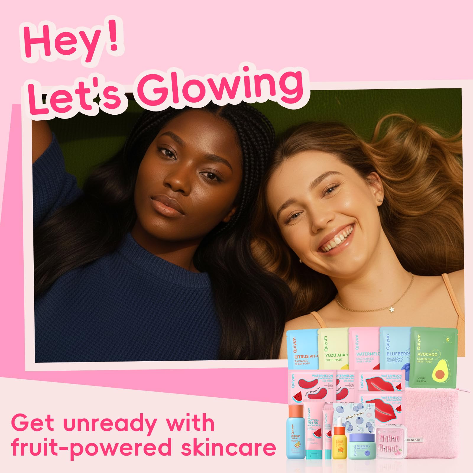 QUIYUM Fruit Skincare Set — Pink Plush Bag & Strawberry Nail Art | Hydrating Glow & Oil Control